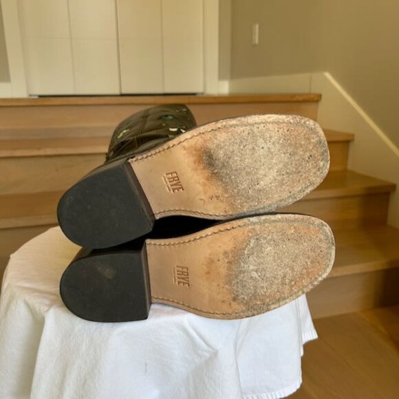 Frye Campus 14L Boots Size 7 Wide Calf Dark Olive Green Floral Pattern Cutouts - Picture 5 of 7